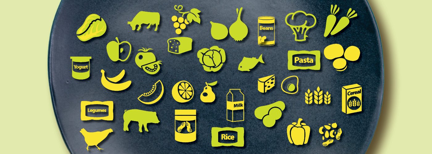 A black dinner plate covered in icons that represent different types of food, for example bananas, fish, chicken, dairy products and more.