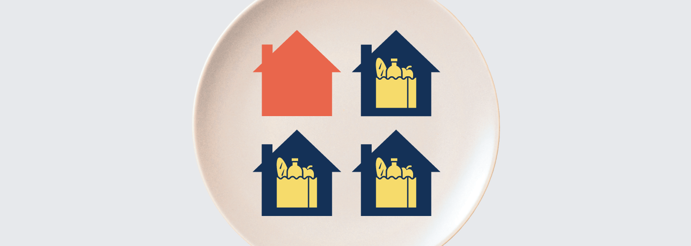 Image of a plate with graphics of four houses. Three of the four houses are blue, and include a graphic of groceries in bags. One house is red, and shows no groceries.
