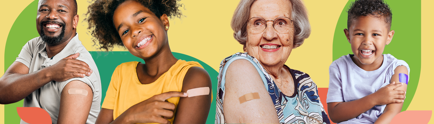Smiling people with a vaccination bandage on their arm.