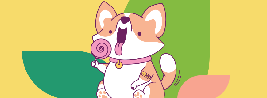 A cartoon dog licking a lollipop in front of colourful abstract shapes.