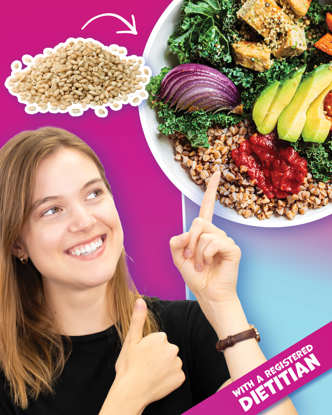 Person on pink background pointing at a quinoa salad with fruits and vegetables