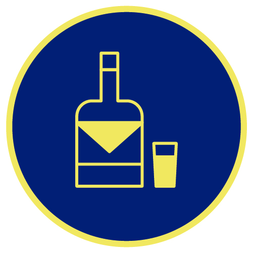 Line drawing of small glass next to a bottle of liquor