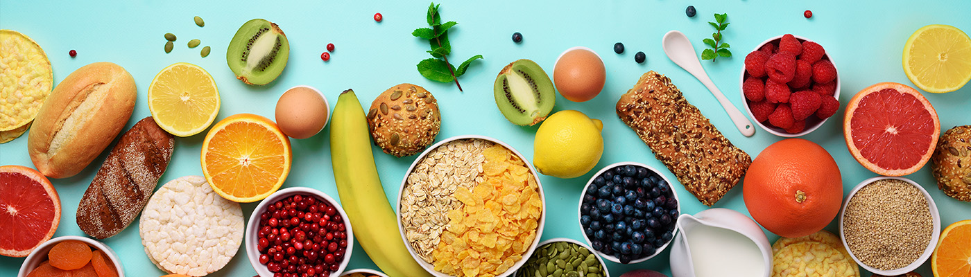 Healthy food options on a blue background