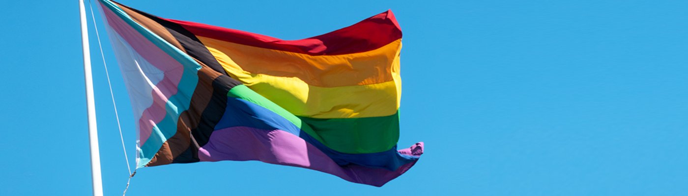 Progressive Pride flag on a flagpole, blowing in the breeze.